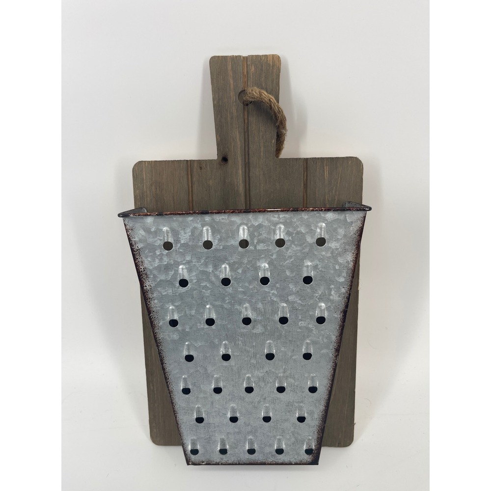 Farmhouse Galvanized Metal Cheese Grater Wall Pocket Wood Cutting Board Decor